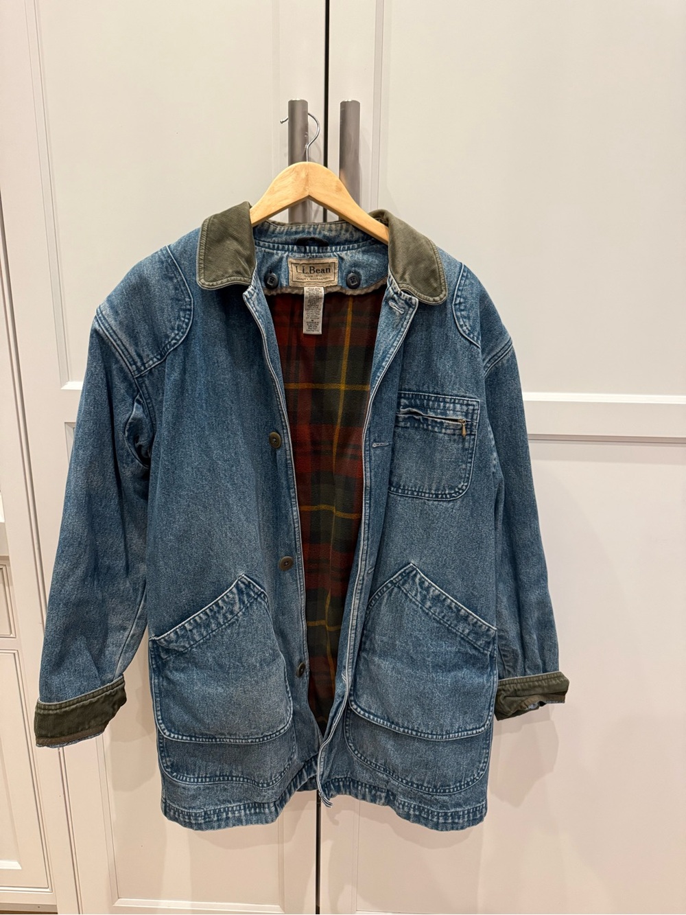 L.L.Bean Blue Denim Jacket with Olive Collar and Plaid Lining VINTAGE